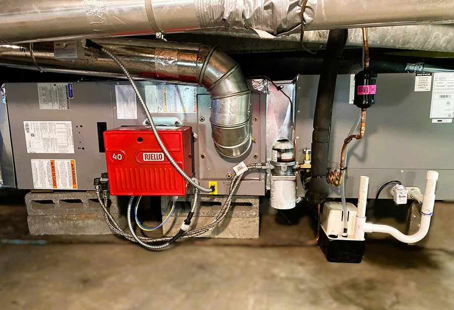 Riello oil burner and HVAC air handler installed in basement by Mark Lindsay Plumbing & Heating, NJ