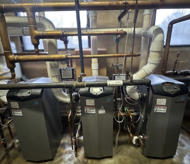 Three Lochinvar high-efficiency boilers installed side by side by Mark Lindsay Heating, NJ