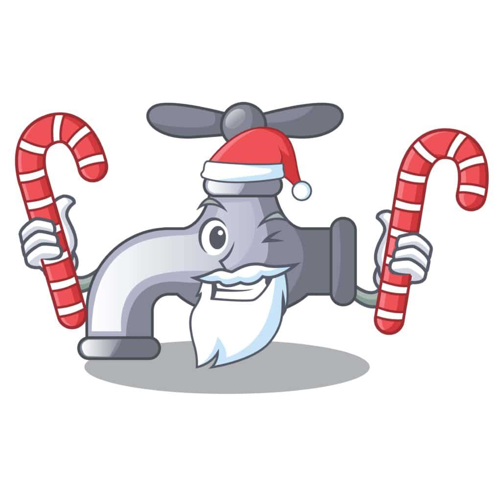 cartoon plumbing pipe dressed up as santa and holding two candy canes