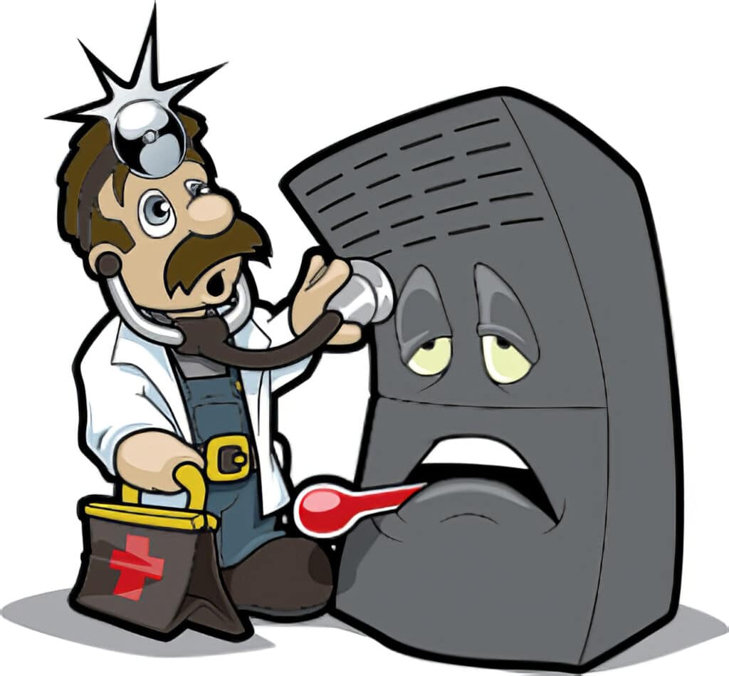 cartoon of doctor diagnosing a sick furnace